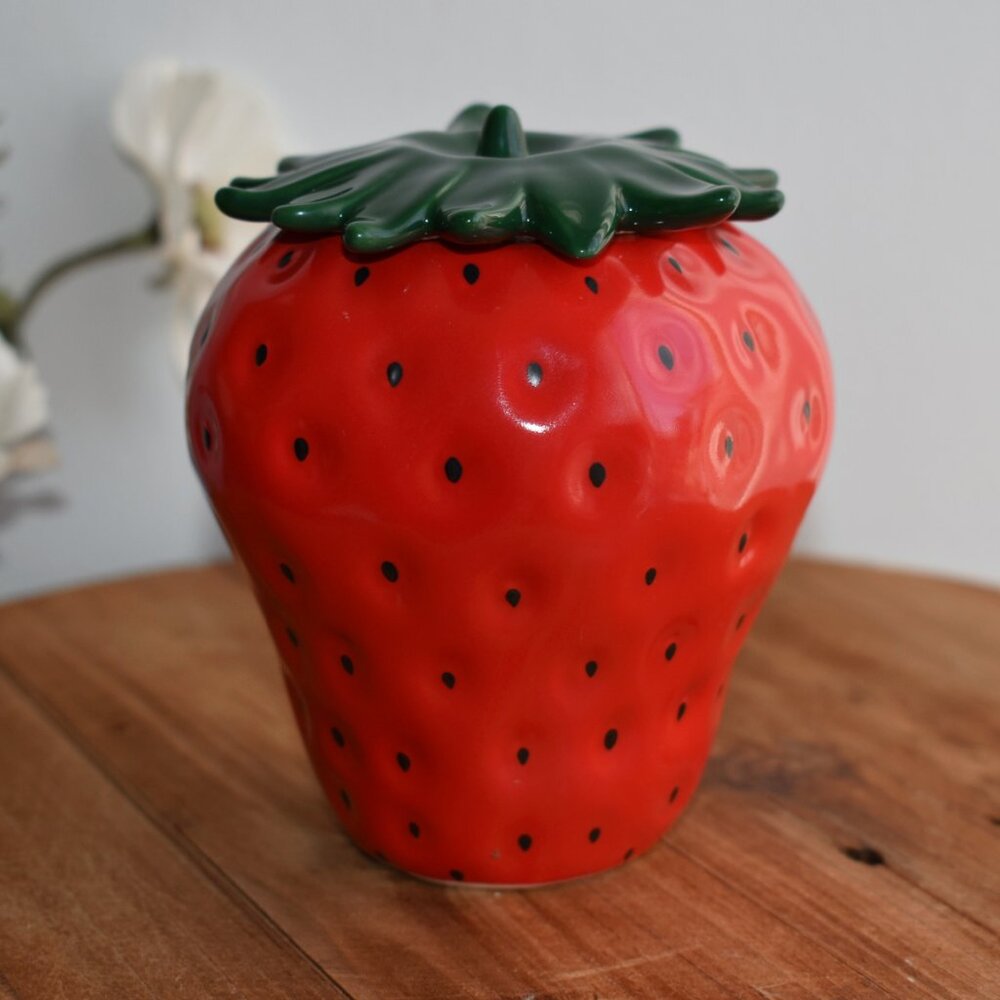 Cottagecore Ceramic Red Strawberry Jar Spring Country Farmhouse Kitchen Decor
